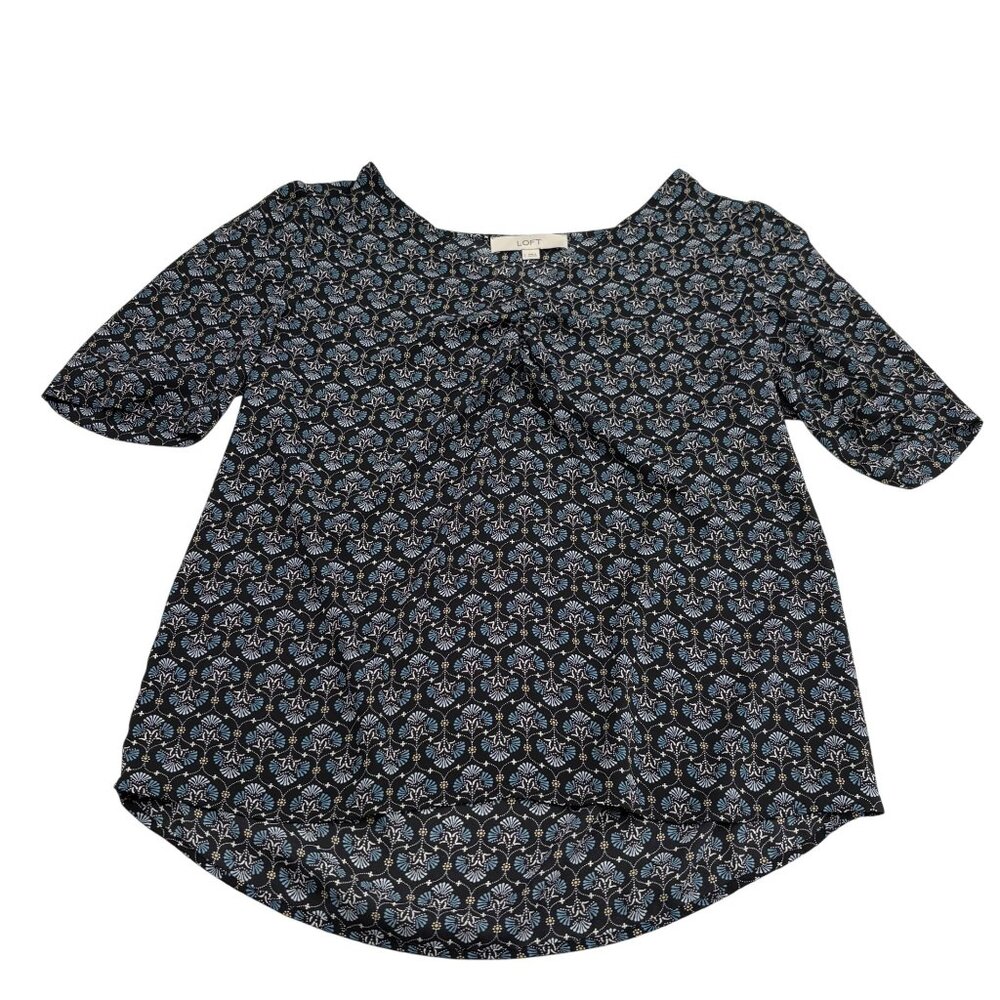 Loft Womens Short Sleeve Blouse Size‎ Small Black & Blue Floral Pattern